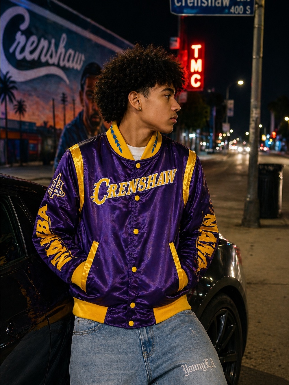 Youth Crenshaw Satin Varsity Jacket Purple Gold Mamba 8 24 Teen Size M - Picture 1 of 8